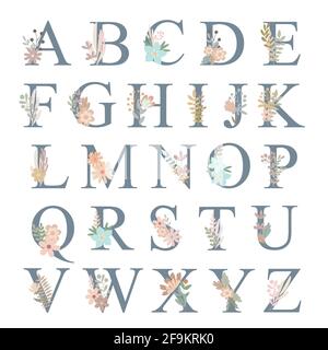 Buchstaben aus Alphabet mit Blumen verziert, florale Monogramm Vektor-Illustration in einfachen Boho-Stil, flache pastellfarbene dekorative Schriftzüge Stock Vektor