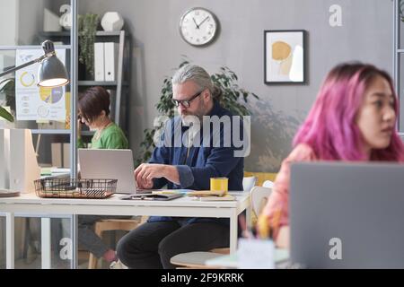Reifer bärtiger Geschäftsmann sitzt am Tisch und arbeitet daran Laptop mit anderen Personen, die im Büro arbeiten Stockfoto