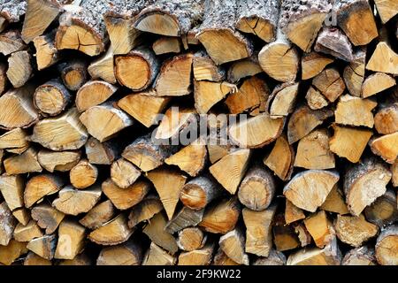 Die Textur von grob geschnittenem und ordentlich gestapeltem Eichenholz, natürliche Textur. Stockfoto