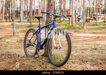 Weißrussland, Region Minsk - 29. Juni 2019: Ein blaues Fahrrad ohne Mann steht neben einem Baum auf dem Hintergrund der Waldnatur. Stockfoto