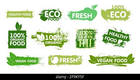 Bio, Öko-Food, vegan, frisch, gesund und glutenfrei Aufkleber mit grüner Effektfarbe. Bio-Etiketten und Abzeichen für gesunde Lebensmittel. Vektorset Stock Vektor