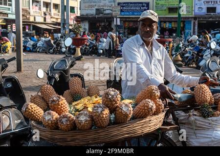 Mysuru, Karnataka, Indien - 2019. Januar: Ein Straßenverkäufer verkauft frische Jackfrucht an seinem Obststand auf den Straßen der Stadt Mysore. Stockfoto