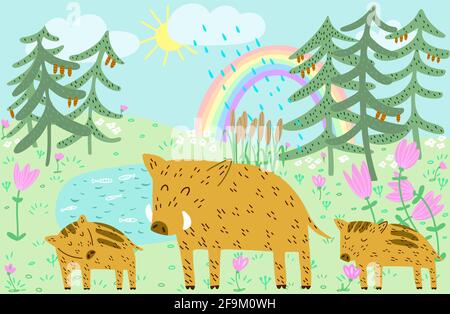 Cute Wildschwein Familie Papa und Ferkel Waldlandschaft mit Himmel, Regenbogen und regen handgezeichneten Vektor-Illustration skandinavischen Doodle-Stil Stock Vektor