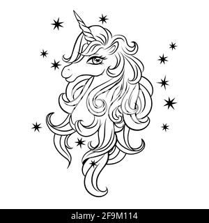 Kopf eines niedlichen magischen Einhorns mit Sternen. Schwarzer Umriss eines Einhorn-Kopfes, Malbuch. Das Bild ist vom weißen Hintergrund isoliert. Stock Vektor