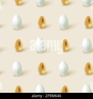 Nahtloser Osterhintergrund mit weißen und goldenen Eiern, Blumen und Ästen. Flach liegend wiederholender festlicher Hintergrund für Grußkarten. Stock Vektor