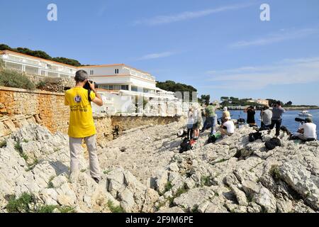 Mai 2011. Paparazzi, Fotografen auf den Felsen beim Hotel du Cap Eden Roc, Antibes, Frankreich Stockfoto