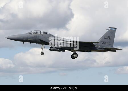 492th Fighter Squadron F-15E Rückkehr nach RAF Lakenheath, Suffolk. Stockfoto