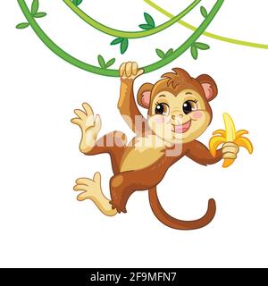 Süßer Affe mit einer Banane auf einer Liane. Zeichentrickfigur. Vektor isoliert bunte Illustration. Für Druck und Gestaltung, Poster, Kinderzimmer-Design, Karten, Stock Vektor