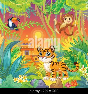 Dschungel Cartoon Hintergrund mit niedlichen wilden Tieren Tukan, Affe und Tiger. Vektorgrafik. Für Print, Design, Poster, Karten, Aufkleber, puzzle, d Stock Vektor