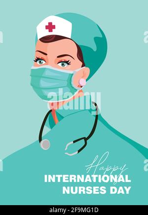 Konzept zum Internationalen Krankenpflegetag. Krankenschwester mit medizinischer Uniform und Stethoskop Vektordarstellung. Schöne junge Krankenschwester trägt medizinische Uniform ist Stock Vektor