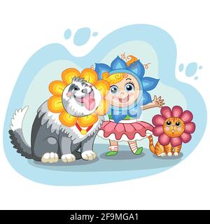 Nettes Mädchen, Katze und Hund mit Kopfbedeckung in Blumenform. Zeichentrickfiguren. Vektor-isolierte Illustration. Für Druck und Design, Poster, Kinderzimmer des Stock Vektor