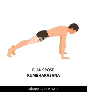 Mann praktiziert Yoga Pose isoliert Vektor Illustration. Mann in Plank-Pose oder Kumbhakasana, Yoga Asana-Ikone Stock Vektor