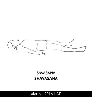 Mann praktiziert Yoga Pose isoliert skizzieren Illustration. Mann, der auf dem Boden in der Leichenhaltung von Shavasana liegt, oder Mrtasana, Yoga Asana-Linienikone Stock Vektor