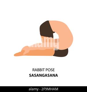 Mann praktiziert Yoga Pose isoliert Vektor Illustration. Mann, der in Hasenhaltung oder in Sasangasanpose steht, Yoga Asana Ikone Stock Vektor