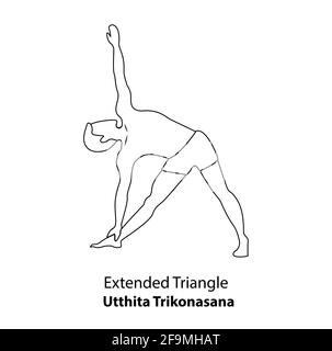 Mann praktiziert Yoga Pose isoliert skizzieren Illustration. Mann im erweiterten Dreieck oder Utthita Trikonasan, Symbol der Yoga-Asana-Linie Stock Vektor