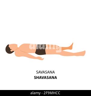 Mann praktiziert Yoga Pose isoliert Vektor Illustration. Mann, der auf dem Boden in der Leichenhaltung von Shavasana liegt, oder Mrtasana, Yoga Asana Ikone Stock Vektor