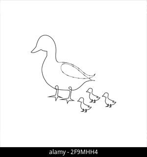 One Line Mother mit Baby Goose Icon. Strichzeichnung Tattoo. Bauernhof Vögel eine Linie Hand Zeichnung kontinuierlichen Kunstdruck, Vektor-Illustration. Frei, einfach, lin Stock Vektor