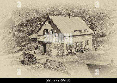 Österreich. Diese Bildergruppe zeigt die Stubaier Alpen im Stubaital im österreichischen Tirol unweit der Stadt Innsbruck, wie sie es 1968 waren. Das Bild hier zeigt den ursprünglichen Deutschen Alpenverein, DAV, Sulzenauer Hütte, vor der Zerstörung der Hütte durch Lawine im Jahr 1975. Stockfoto