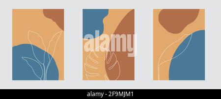 Moderne Linienblätter Vektor-Design-Set für Flyer, Poster, Geschichten Weißes tropisches Laub im Umrissstil auf farbenfroher abstrakter Kulisse Stock Vektor