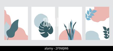 Abstrakte Pflanzenkunst Vektor-Illustration in flachem Design Satz von Vier Designvorlagen mit Blättern und üppigen Laub-Silhouetten Welliger Hintergrund Stock Vektor