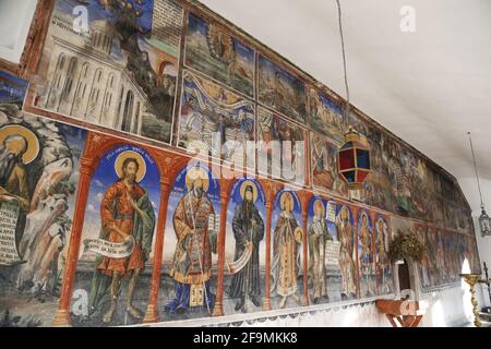 Wandmalereien im Kloster Saint Jovan Bigorski im Mavrovo Nationalpark, Mazedonien. Stockfoto