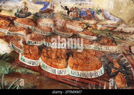 Wandmalereien im Kloster Saint Jovan Bigorski im Mavrovo Nationalpark, Mazedonien. Stockfoto