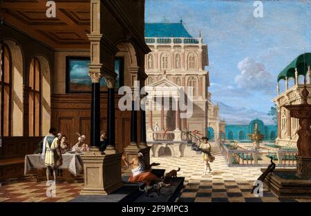 Schlosshof mit Loggia und Figuren - Nicolaes de Giselaer Stockfoto