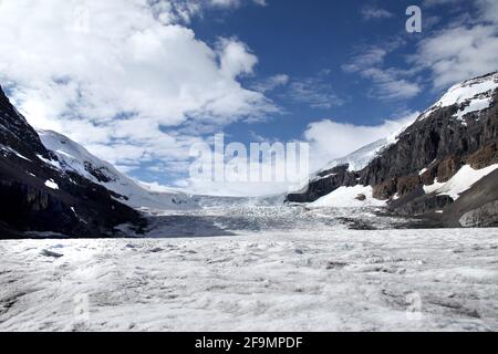 Abfahrt von Columbia Icefields, Athabasca Glacier im Jasper National Park, Alberta, Kanada Stockfoto