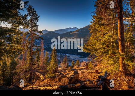 Blick auf die Berge vom Anfang des Ypsilon Trail in Rocky Mountain National Park Stockfoto