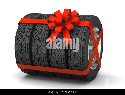 Reifen als Geschenk. Reifen mit Scheiben sind mit einem roten Geschenkband gebunden. Isoliert auf weißem Hintergrund. 3d-Rendering. Stockfoto