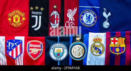 Anfield, Liverpool, Merseyside, England. 19. April 2021. Ein horizontales Banner der Super League- oder European Super League-Mannschaften trikots einen jährlichen Club Stockfoto