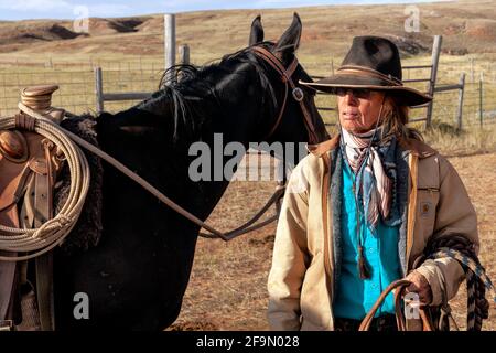 WY 041311-00... WYOMING - Ranch Hand cowgirl auf dem Willow Creek Ranch. Stockfoto