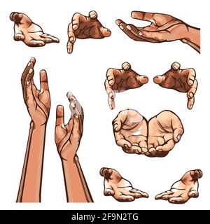 Hände in verschiedenen Interpretationen. Vektorgrafik. Isoliert auf weißem Hintergrund Stock Vektor