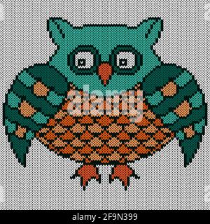 Stricken von Cartoon amüsant Eule in türkis und orange Farben, Illustration für textile Produktion Stock Vektor