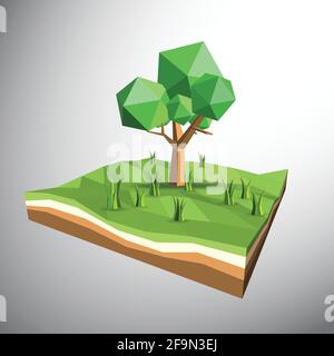 Vektor, Low Polygon 3D Baum an Land und Gräser Stock Vektor