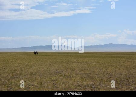 Reiten in der Steppe in der Nähe der Three Camel Lodge in der Wüste Gobi, Mongolei. Stockfoto