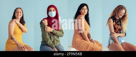 Multiethnische Frauen zeigen nach der Impfung einen Arm mit Verband. Collage aus Porträts einer ethnisch vielfältigen Frau mit Coronavirus-Impfung Stockfoto