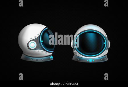 Astronaut Helm mit klarem Glas und blauem Licht in Vorder- und Seitenansicht. Kosmonauten-Maske für Weltraumforschung und Flug im Kosmos. Vector realistische Satz von weißen Anzug Teil für den Schutz Spaceman Kopf Stock Vektor