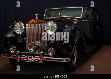 Ein Rolls-Royce-Auto, das vom König von Jordanien benutzt wurde, wurde im Royal Automobilmuseum im Al Hussein National Park ausgestellt. Amman Jordanien Stockfoto