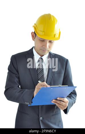 Architekt oder Ingenieur - asiatischer Mann mit Anzug und Hardhut In die Zwischenablage schreiben Stockfoto