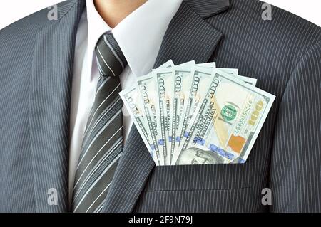 Geld - US-Dollar (USD) Rechnungen - in Geschäftsmann Anzugtasche Stockfoto