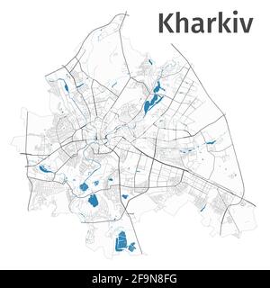 Kharkiv-Karte. Detaillierte Karte des Verwaltungsgebiets der Stadt Charkiw. Stadtbild-Panorama. Lizenzfreie Vektorgrafik. Übersichtskarte mit Autobahnen, Straße Stock Vektor