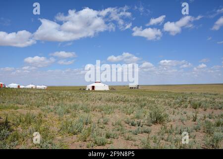 Der Empfang und das Aktivitätszentrum in der Three Camel Lodge in der mongolischen Wüste Gobi. Das Team kann einen Reitsport- und E-Bike-Verleih sowie das Spa organisieren. Stockfoto