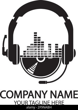 Kopfhörer mit Mikrofon und Schallwellen Beats, Konzept des Radiosenders Logo, dj-Disco-Symbol, Rundfunk-Studio-Label, Kunden-Support-Emblem f Stock Vektor