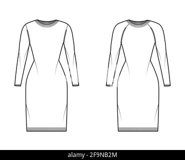 Set von R-Ausschnitt Kleid Pullover technische Mode Illustration mit langen Raglanärmeln, Slim Fit, knielang. Flatpullover-Bekleidung vorne, hinten, in weißer Farbgebung. Frauen, Männer Unisex-CAD-Modell Stock Vektor