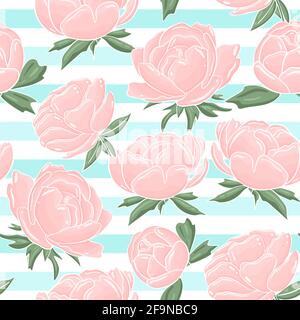 Nahtloser Hintergrund mit zarten rosa Pfingstrosen. Blühende Gartenblumen. Himmlisch gestreifter Hintergrund. Vorlage für Design und Verpackung. Blooming cont Stock Vektor