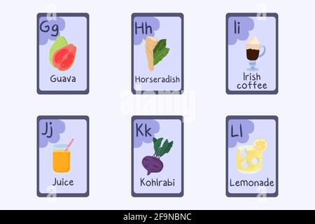 Bunte Alphabet Flashcard Buchstaben G, H, I, J, K, L - Guava, Meerrettich, irischer Kaffee, Saft, Kohlrabi, Limonade. Karten mit Lebensmittelmotiven zum Lesen mit Lebensmitteln, Gemüse, Obst und Nüssen. Stock Vektor