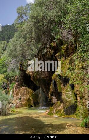 Wasserfall in der Quelle des Flusses Cuervo, Naturpark Serrania de Cuenca, Spanien Stockfoto