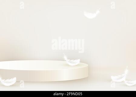 3D-Podium-Modell in runder Form mit Federn auf beigefarbenem Hintergrund für die Kosmetik- und Produktdarstellung, Vektordarstellung Stock Vektor