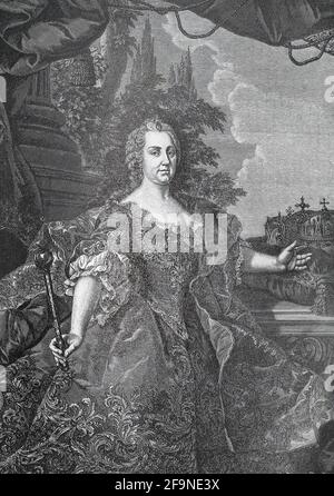 Maria Theresia Walburga Amalia Christina (Maria Theresia; 13. Mai 1717 – 29. November 1780) war die einzige weibliche Herrscherin der habsburgischen Herrschaften und regierte von 1740 bis zu ihrem Tod 1780. Sie war die Landesherrin von Österreich, Ungarn, Kroatien, Böhmen, Siebenbürgen, Mantua, Mailand, Lodomeria und Galicien, die österreichischen Niederlande und Parma. Durch Heirat war sie Herzogin von Lothringen, Großherzogin von Toskana und Heilige römische Kaiserin. Stockfoto